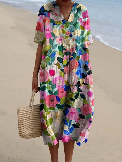 Effortless Patchwork Print Linen Midi Dress for Women with V Neck Short Sleeve Relaxed Flowing Style