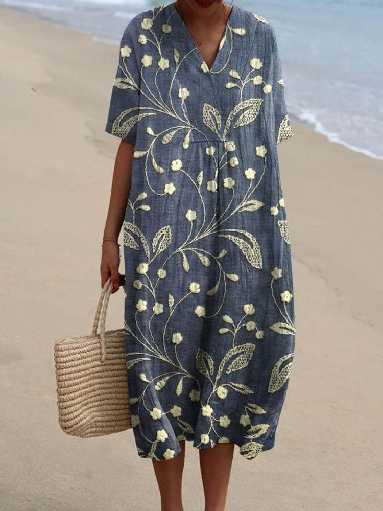 Effortless Patchwork Print Linen Midi Dress for Women with V Neck Short Sleeve Relaxed Flowing Style