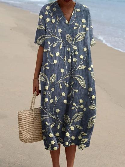 Effortless Patchwork Print Linen Midi Dress for Women with V Neck Short Sleeve Relaxed Flowing Style
