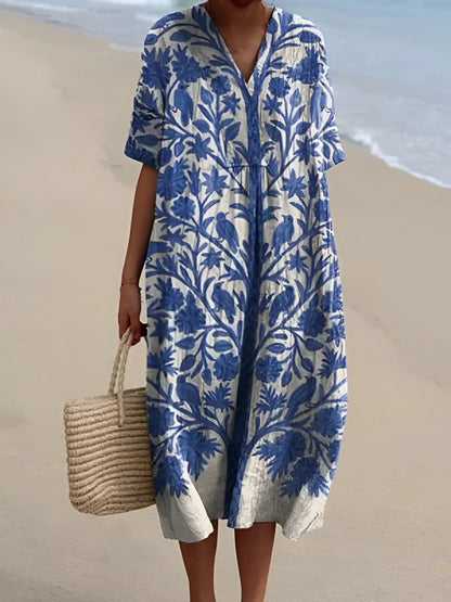 Effortless Patchwork Print Linen Midi Dress for Women with V Neck Short Sleeve Relaxed Flowing Style