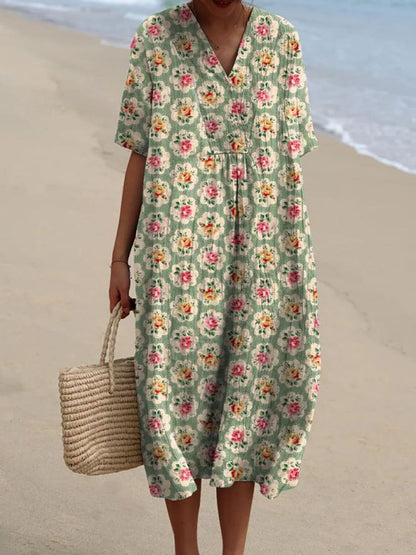 Effortless Patchwork Print Linen Midi Dress for Women with V Neck Short Sleeve Relaxed Flowing Style