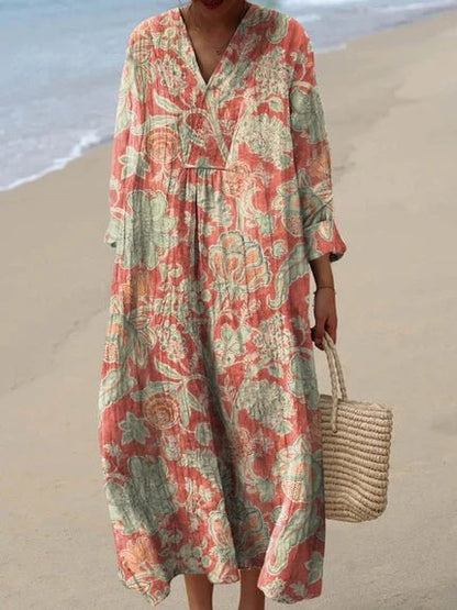 Effortless Patchwork Print Linen Midi Dress for Women with V Neck Short Sleeve Relaxed Flowing Style