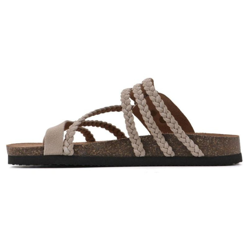 Comfortable Braided Strap Slide Sandal for Women with Buckle Cork Footbed Boho Style