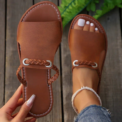 Effortless Braided Toe Ring Flat Sandals for Women with Beaded Ankle Strap Boho Style