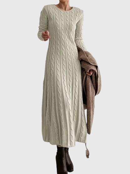 Effortless Cream Cable Knit Sweater Maxi Dress for Women with Crew Neck Long Sleeve Ribbed Knit Fall Style