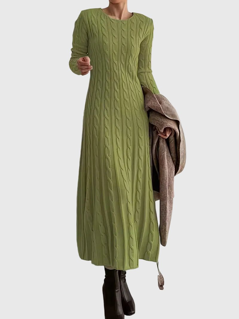 Effortless Cream Cable Knit Sweater Maxi Dress for Women with Crew Neck Long Sleeve Ribbed Knit Fall Style