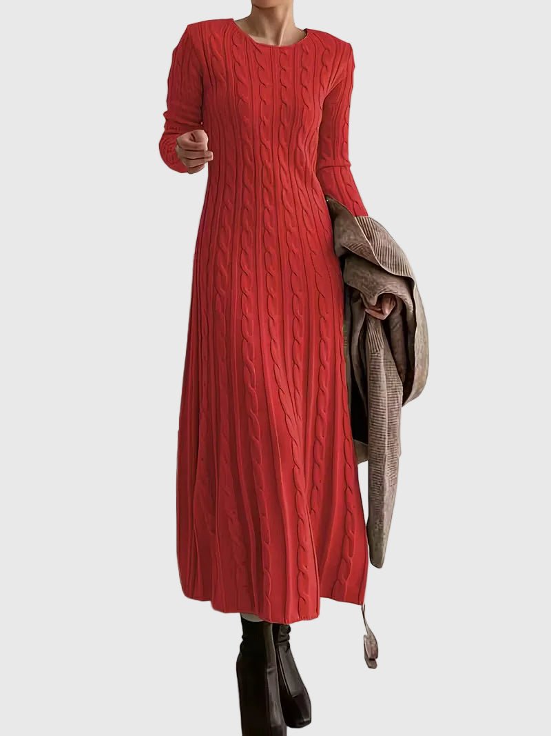 Effortless Cream Cable Knit Sweater Maxi Dress for Women with Crew Neck Long Sleeve Ribbed Knit Fall Style