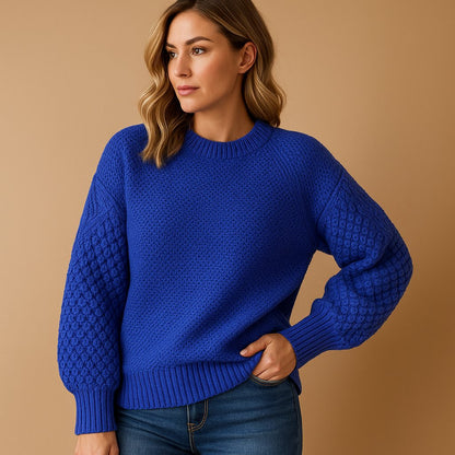 Comfortable Cable Knit Sweater for Women with Crew Neck Long Sleeve Ribbed Cuff Relaxed Oversized Knit Style