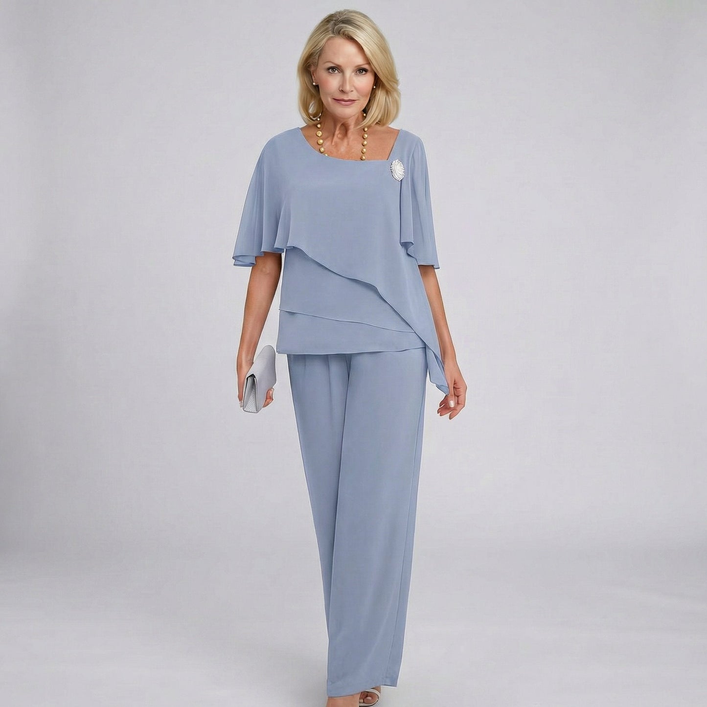 Elegant Chiffon Wide Leg Set for Women with Square Neck Flutter Sleeve Tiered Two Piece Formal Wedding Guest Style
