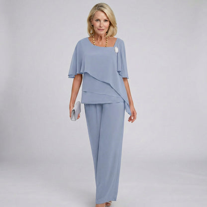 Elegant Chiffon Wide Leg Set for Women with Square Neck Flutter Sleeve Tiered Two Piece Formal Wedding Guest Style