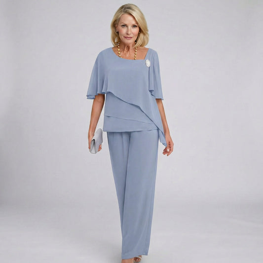 Elegant Chiffon Wide Leg Set for Women with Square Neck Flutter Sleeve Tiered Two Piece Formal Wedding Guest Style