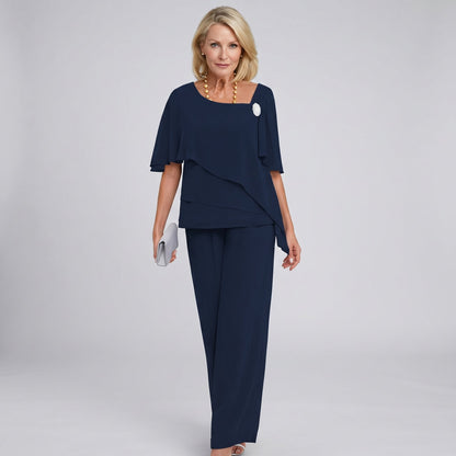 Elegant Chiffon Wide Leg Set for Women with Square Neck Flutter Sleeve Tiered Two Piece Formal Wedding Guest Style