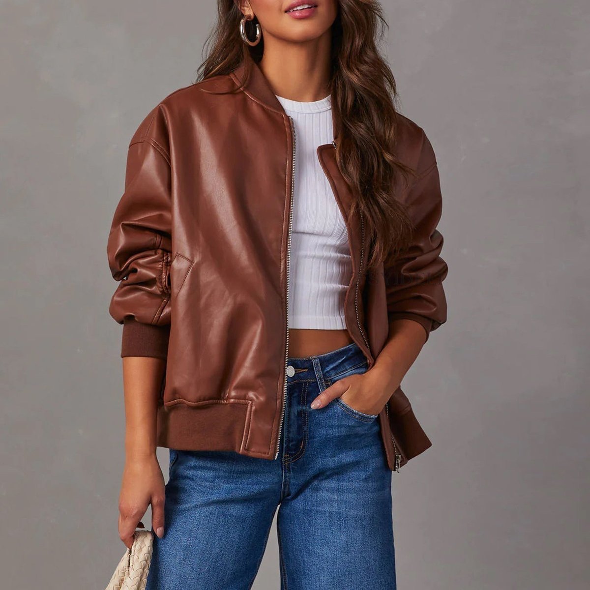 Chic Brown Faux Leather Bomber Jacket for Women with Zip Front Ribbed Knit Relaxed Biker Style