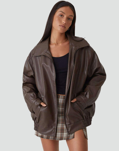 Women's Oversized Faux Leather Bomber Jacket