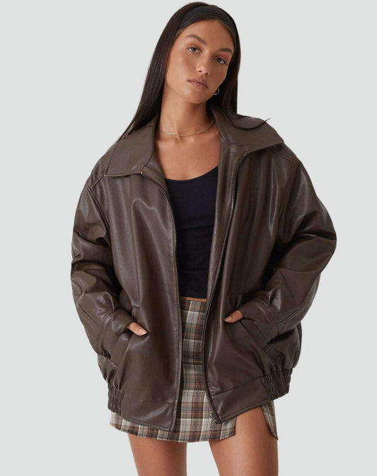 Women's Oversized Faux Leather Bomber Jacket