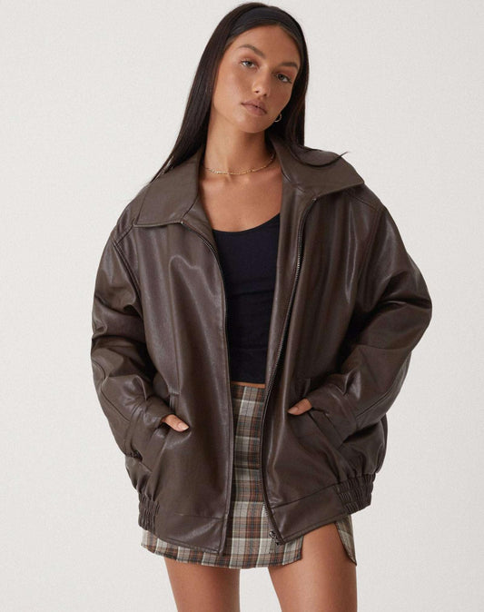 Elegant Brown Oversized Faux Leather Jacket for Women with Spread Collar Zip Front Relaxed Daily Style
