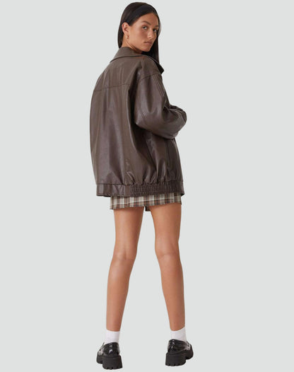 Women's Oversized Faux Leather Bomber Jacket