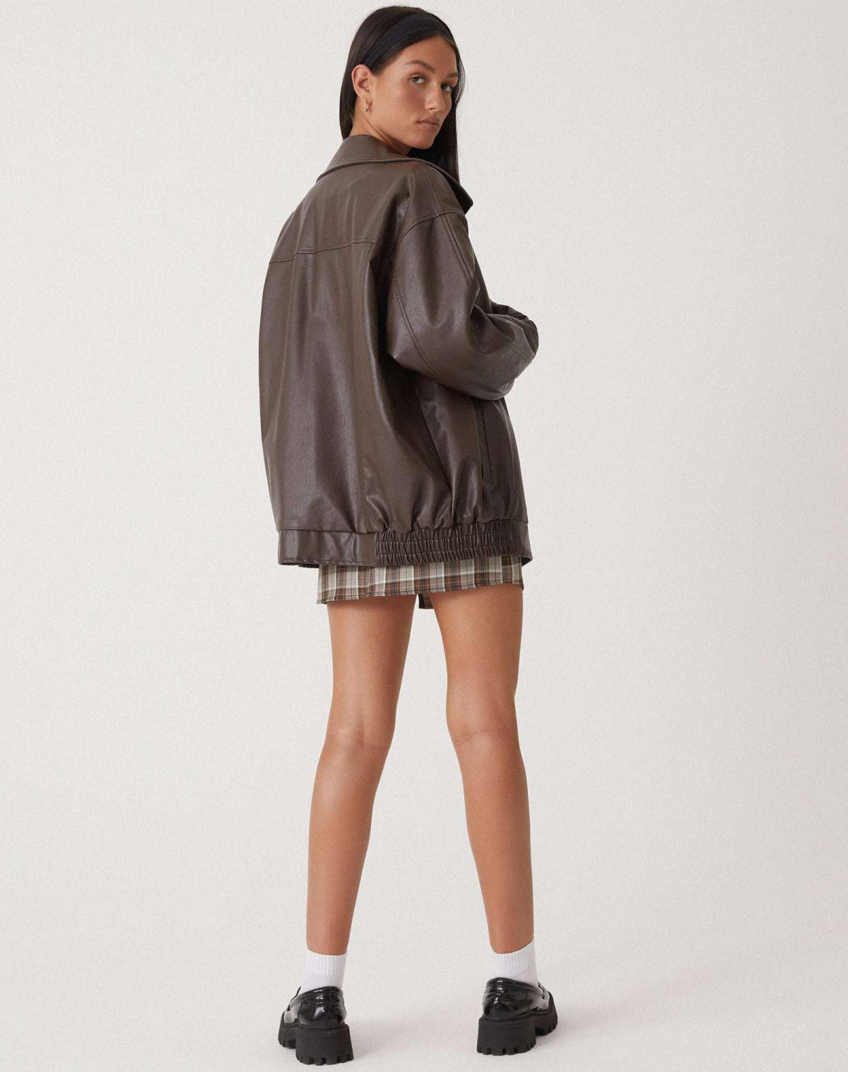 Elegant Brown Oversized Faux Leather Jacket for Women with Spread Collar Zip Front Relaxed Daily Style