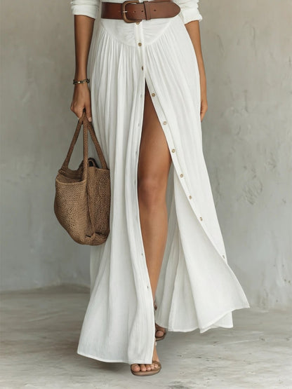 Effortless Linen Maxi Shirt Dress for Women with V Neck Long Sleeve Button Front High Slit Boho Style