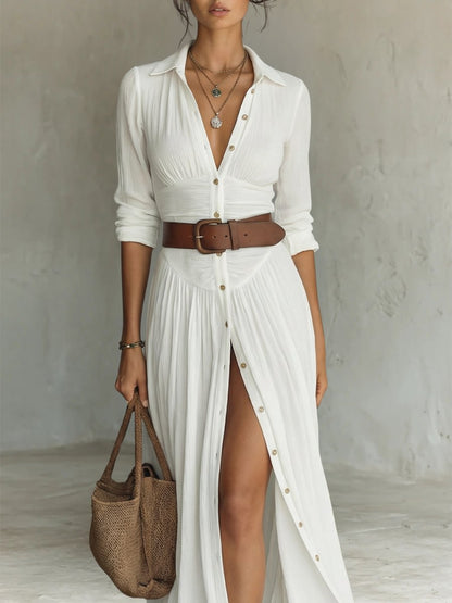 Effortless Linen Maxi Shirt Dress for Women with V Neck Long Sleeve Button Front High Slit Boho Style