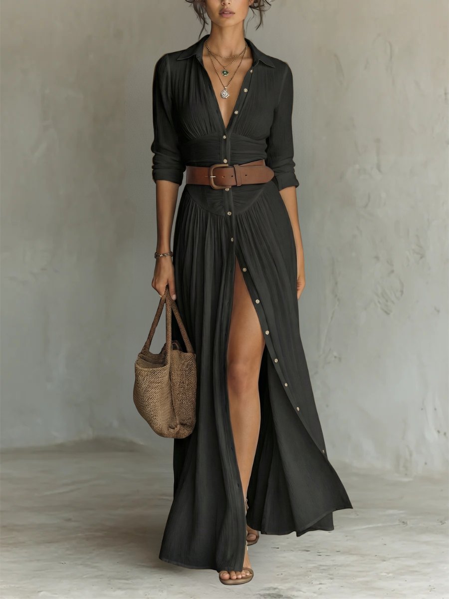 Effortless Linen Maxi Shirt Dress for Women with V Neck Long Sleeve Button Front High Slit Boho Style