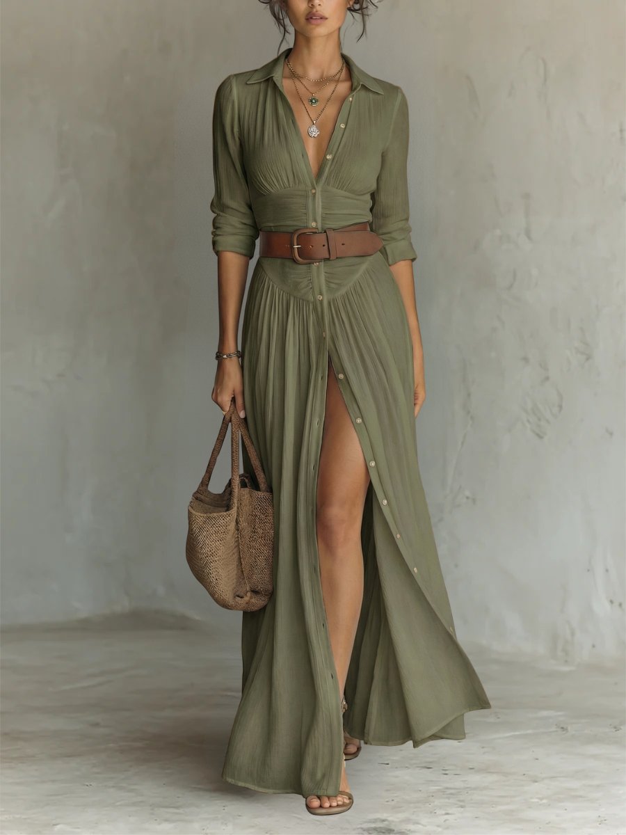 Effortless Linen Maxi Shirt Dress for Women with V Neck Long Sleeve Button Front High Slit Boho Style