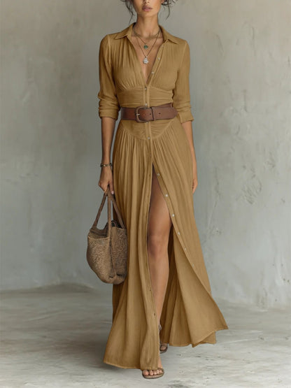 Effortless Linen Maxi Shirt Dress for Women with V Neck Long Sleeve Button Front High Slit Boho Style