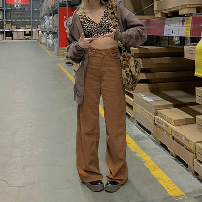 Effortless Brown Corduroy Wide Leg Pants for Women with High Waist Button Front Relaxed Casual Style