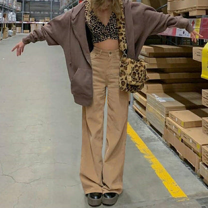 Effortless Brown Corduroy Wide Leg Pants for Women with High Waist Button Front Relaxed Casual Style