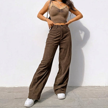 Effortless Brown Corduroy Wide Leg Pants for Women with High Waist Button Front Relaxed Casual Style