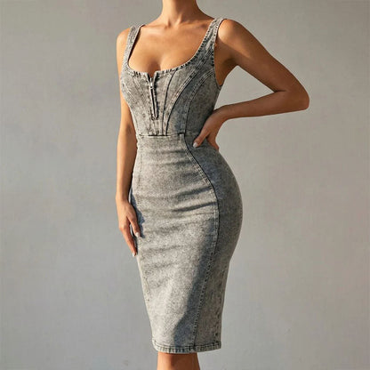 Elegant Gray Denim Dress for Women with Square Neck Sleeveless Bodycon Side Slit Style