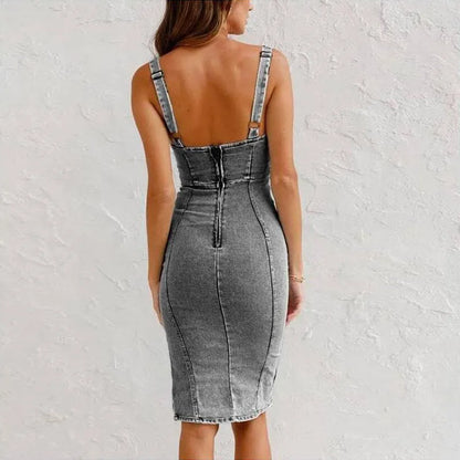 Elegant Gray Denim Dress for Women with Square Neck Sleeveless Bodycon Side Slit Style