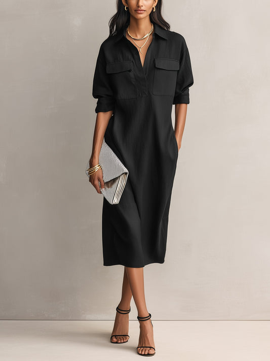 Elegant Black Linen Shirt Dress for Women with Collared V Neck Long Sleeve Relaxed Midi Style