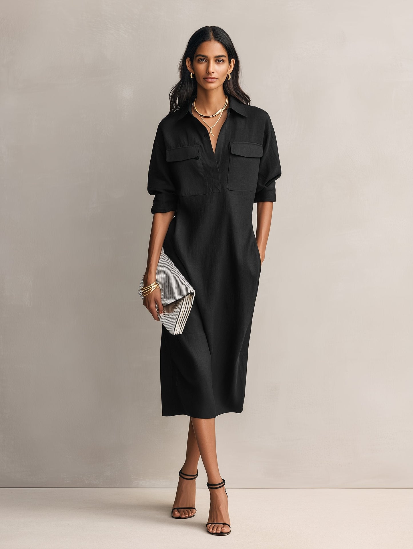 Elegant Black Linen Shirt Dress for Women with Collared V Neck Long Sleeve Relaxed Midi Style