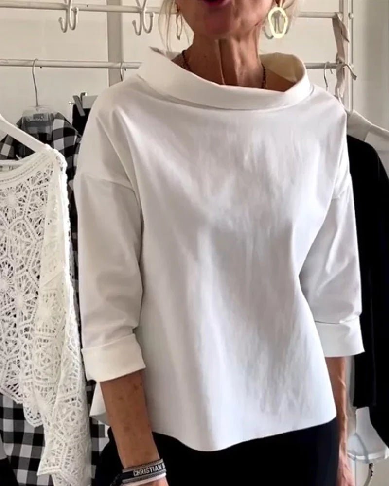 Effortless Cotton Blouse for Women with Draped Cowl Neck Cuffed Sleeve Relaxed Boxy Style