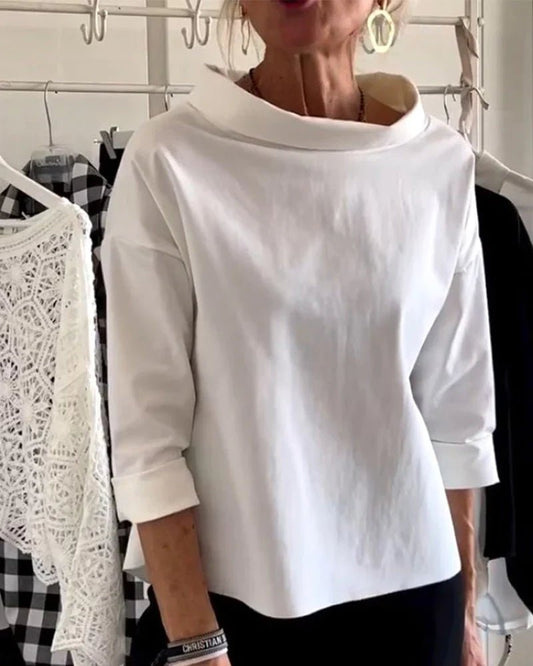 Effortless Cotton Blouse for Women with Draped Cowl Neck Cuffed Sleeve Relaxed Boxy Style