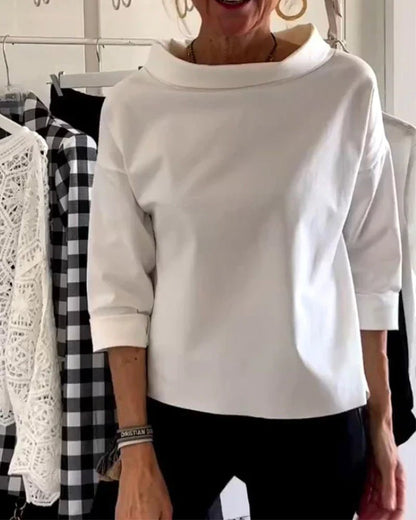 Effortless Cotton Blouse for Women with Draped Cowl Neck Cuffed Sleeve Relaxed Boxy Style