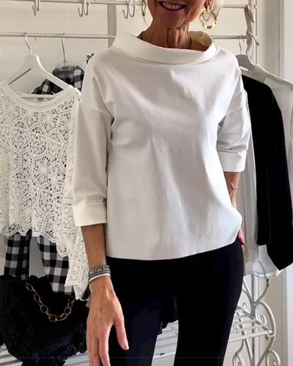 Effortless Cotton Blouse for Women with Draped Cowl Neck Cuffed Sleeve Relaxed Boxy Style