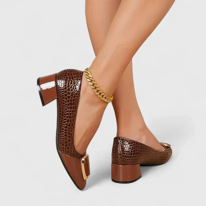 Elegant Croc Embossed Block Heel Pump for Women with Pointed Toe Gold Buckle Chunky Heel Style