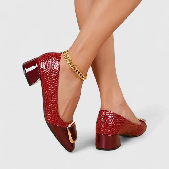 Elegant Croc Embossed Block Heel Pump for Women with Pointed Toe Gold Buckle Chunky Heel Style