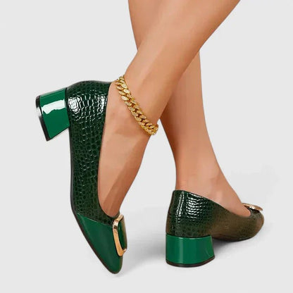 Elegant Croc Embossed Block Heel Pump for Women with Pointed Toe Gold Buckle Chunky Heel Style