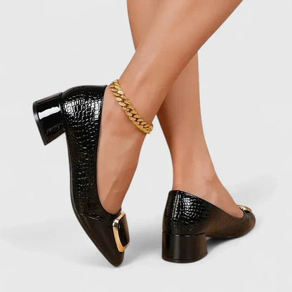 Elegant Croc Embossed Block Heel Pump for Women with Pointed Toe Gold Buckle Chunky Heel Style