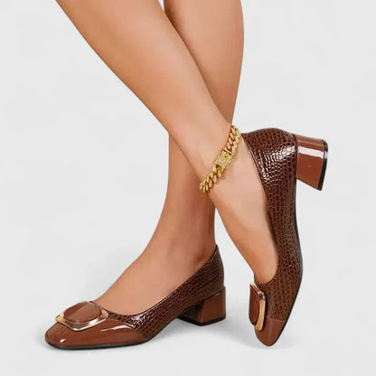 Elegant Croc Embossed Block Heel Pump for Women with Pointed Toe Gold Buckle Chunky Heel Style