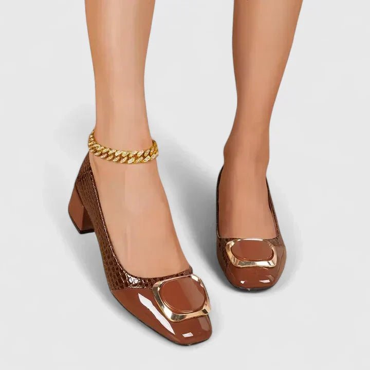 Elegant Croc Embossed Block Heel Pump for Women with Pointed Toe Gold Buckle Chunky Heel Style