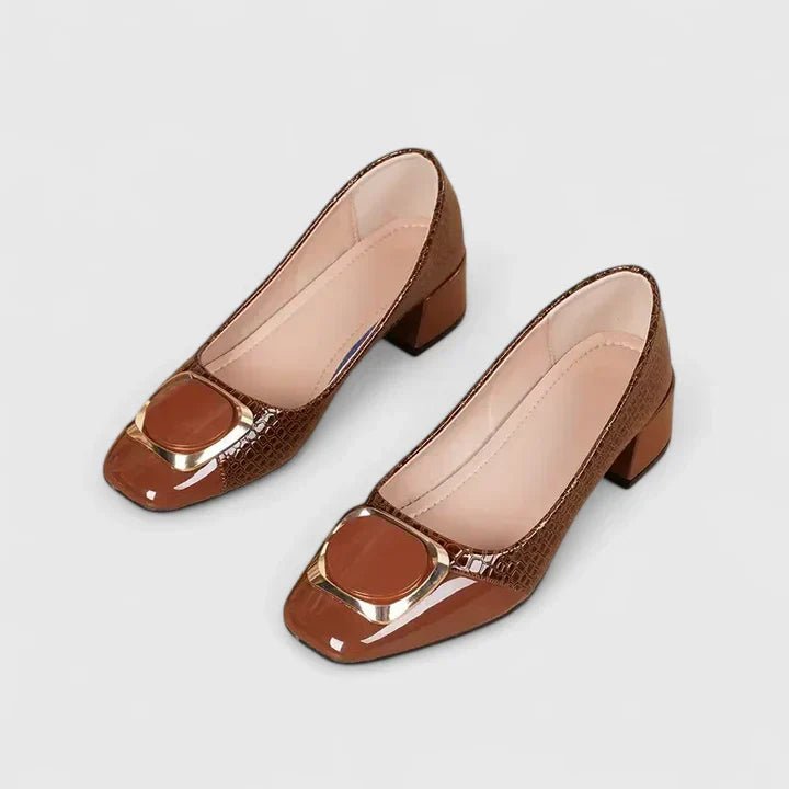 Elegant Croc Embossed Block Heel Pump for Women with Pointed Toe Gold Buckle Chunky Heel Style