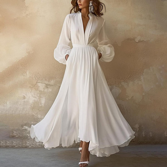 Elegant White Chiffon Autumn Wedding Guest Dress for Women with V Neck Balloon Sleeve Pleated Flowing Style