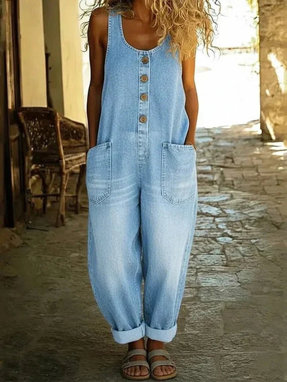 Effortless Denim Overalls for Women with Scoop Neck Sleeveless Button Front Wide Leg Casual Style