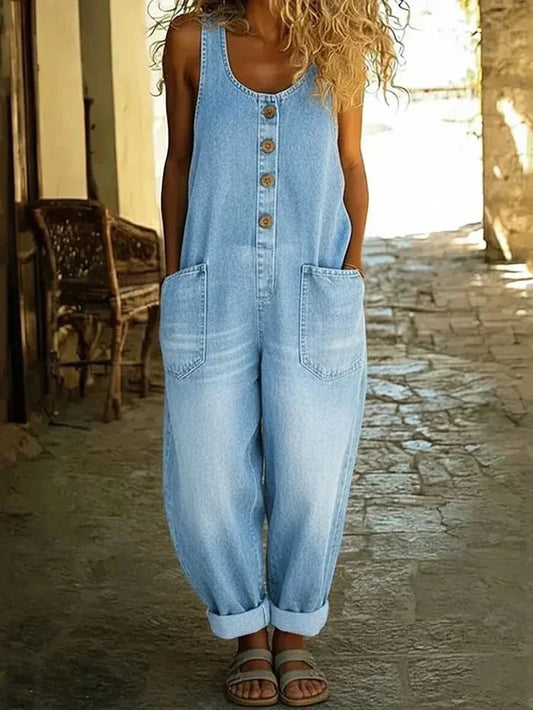 Effortless Denim Overalls for Women with Scoop Neck Sleeveless Button Front Wide Leg Casual Style