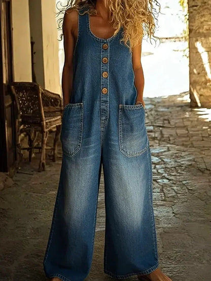 Effortless Denim Overalls for Women with Scoop Neck Sleeveless Button Front Wide Leg Casual Style