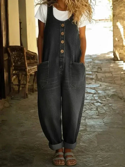 Effortless Denim Overalls for Women with Scoop Neck Sleeveless Button Front Wide Leg Casual Style